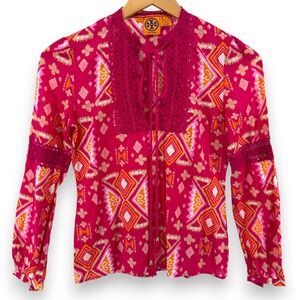 Tory Burch Pink Geometric Print Crochet Tie Neck Cotton Blouse Size 4